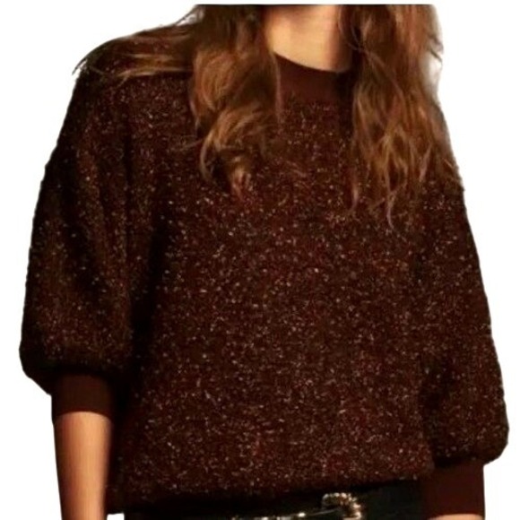 Maeve Sweaters - Maeve Violetta Brown Metallic Tinsel Knit Sweater Dolman Sleeve XL Festive Cozy
